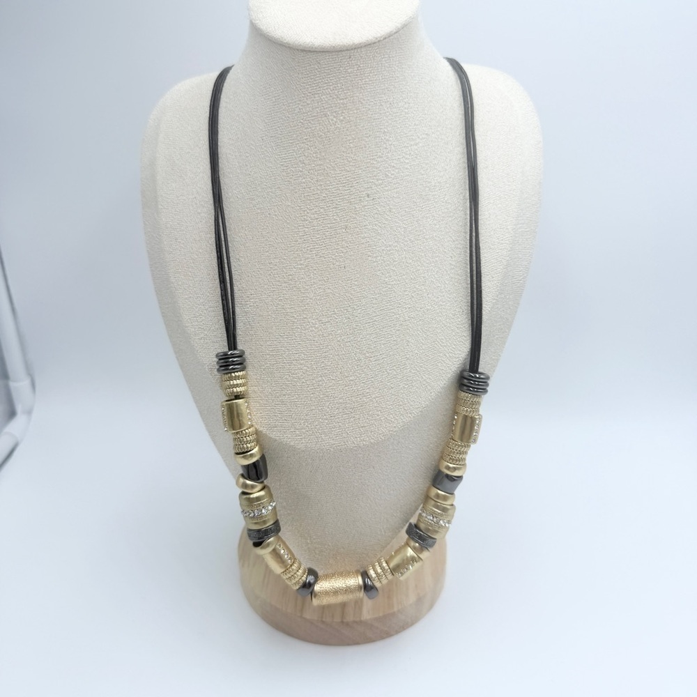 Chico’s Chunky Gold-Tone Bead Necklace on Leather Cord with Rhinestones
